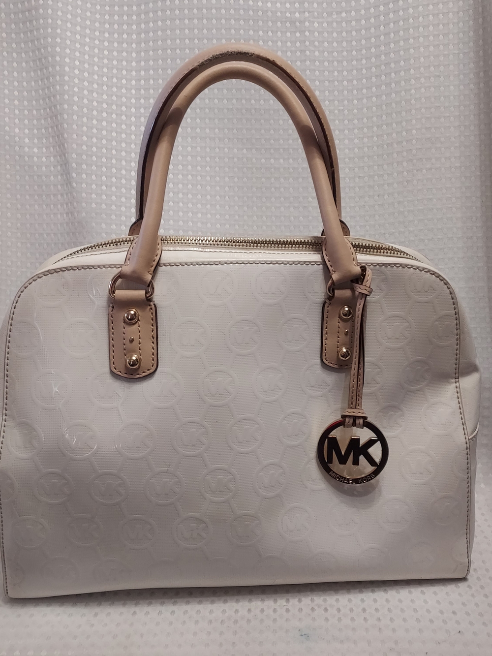 Michael Kors White Logo Satchel with Tan Trim Cindy Dome